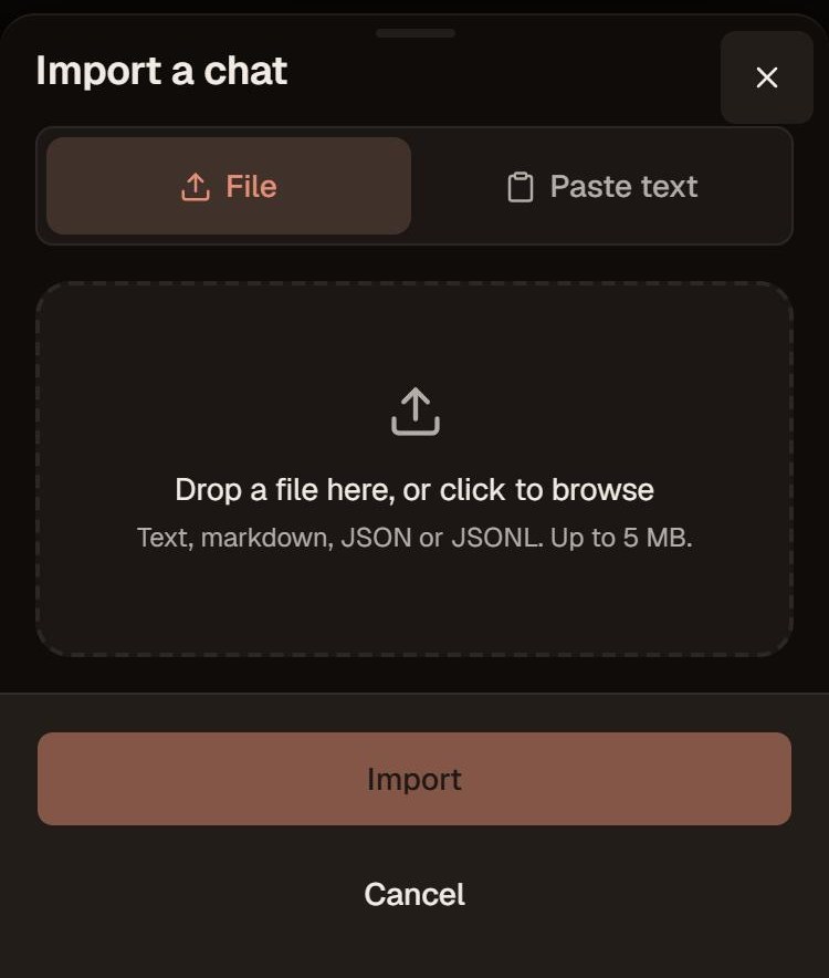 The Import a chat sheet, with a drop zone for a text, JSON or JSONL file