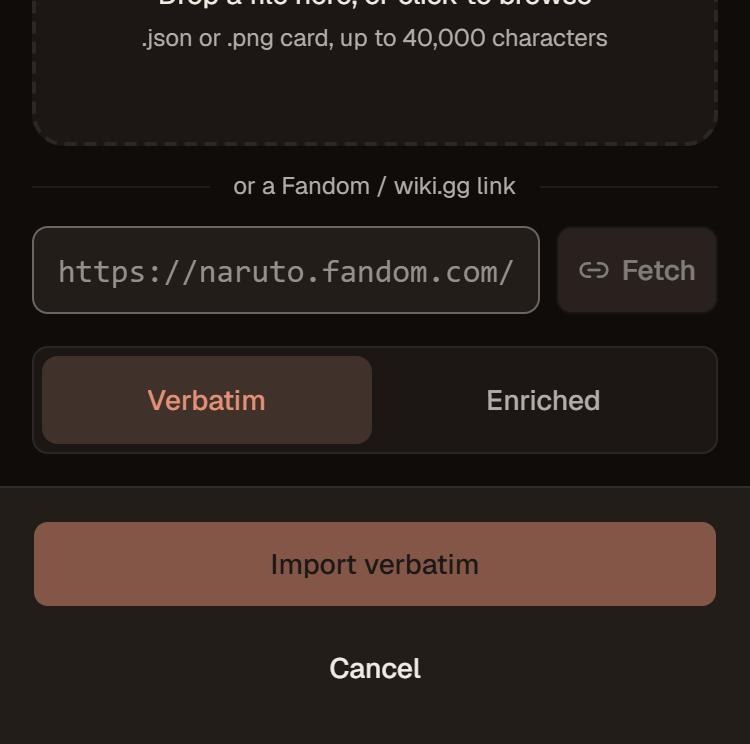 The Import character sheet, with a drop zone for a .json or .png card